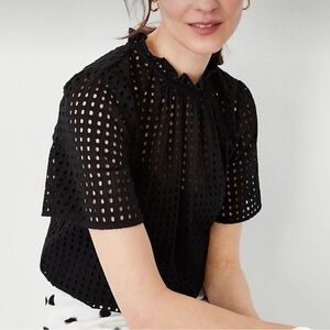 Ann Taylor | Black Eyelet Lace Smocked-Neckline Short-Sleeve Blouse Sz Small